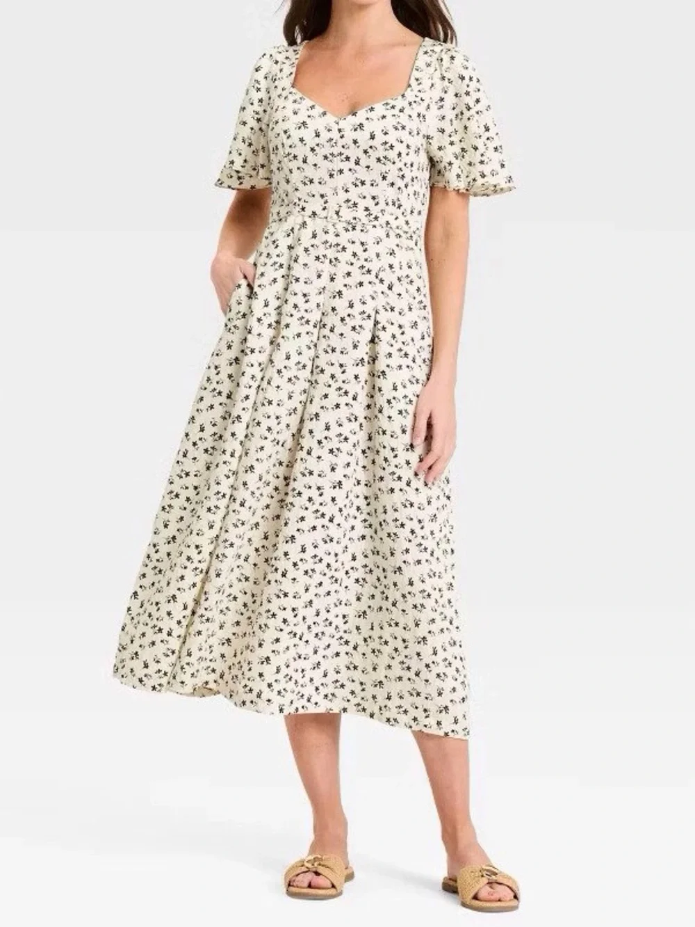 Sweet Floral Square-Neck Midi Dress in Cream - Picture 1 of 1